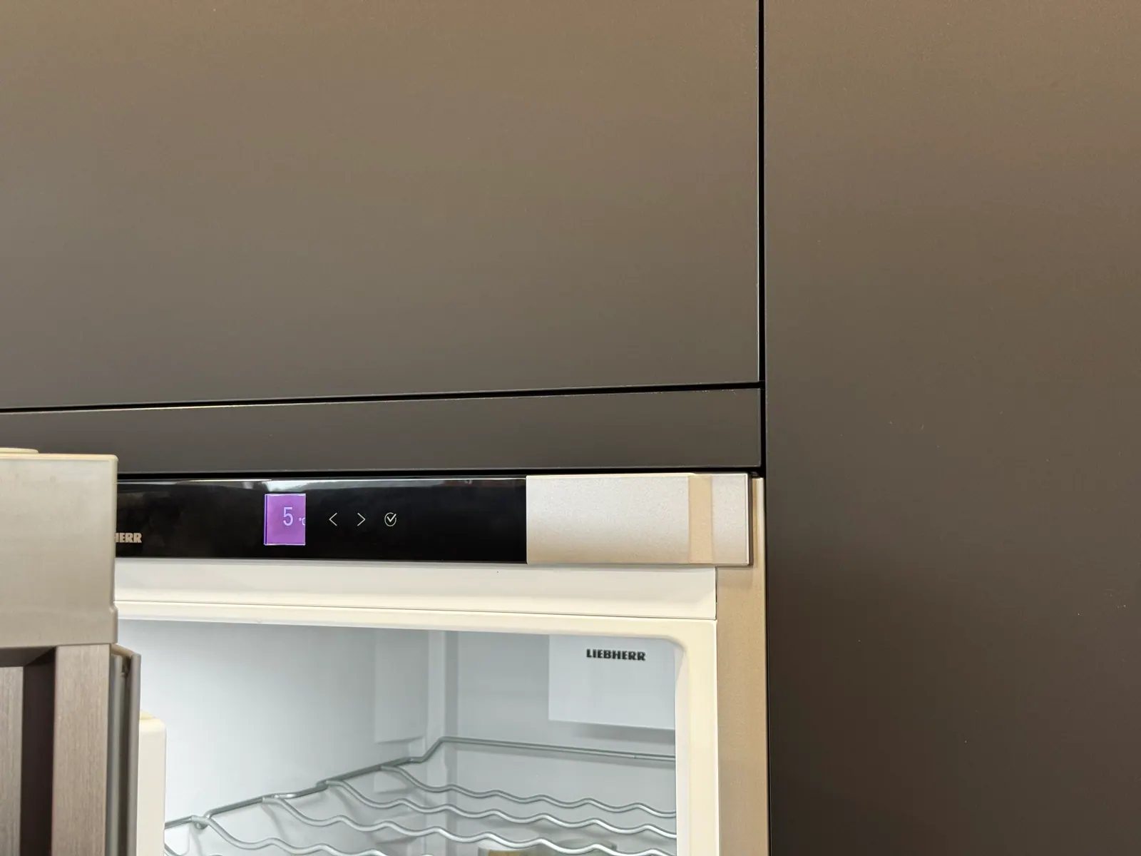 Frigorífico integrado en el mueble, con la puerta entreabierta